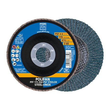 Pferd 4-1/2" x 7/8" A.H. POLIFAN Flap Disc - Z PSF STEELOX, Zirconia, 60 Grit, Flat 62015